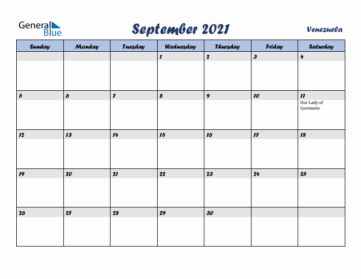 September 2021 Calendar with Holidays in Venezuela