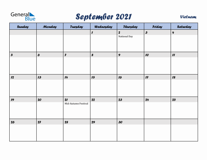 September 2021 Calendar with Holidays in Vietnam