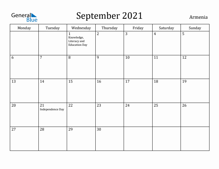 September 2021 Calendar Armenia