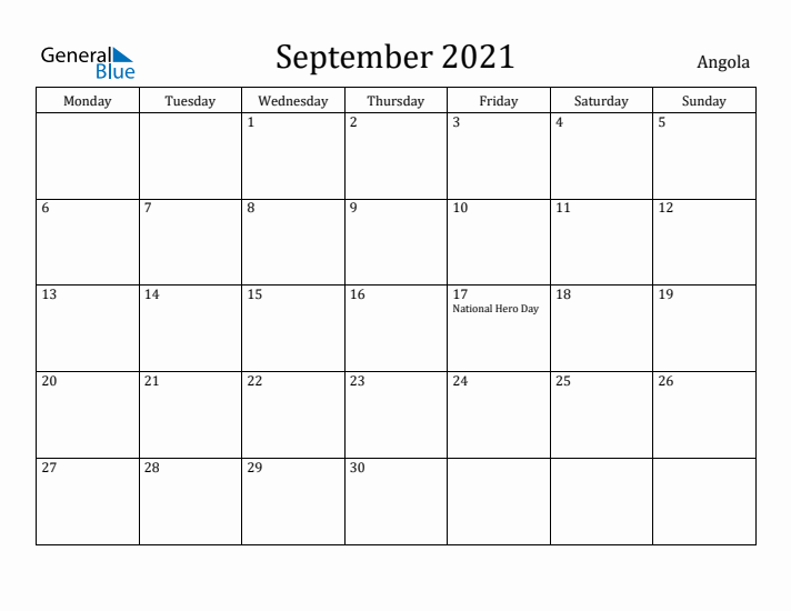 September 2021 Calendar Angola