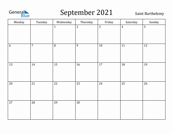 September 2021 Calendar Saint Barthelemy