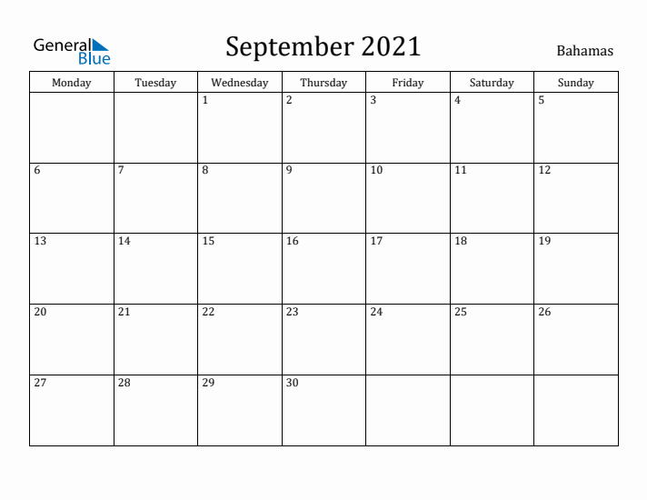 September 2021 Calendar Bahamas