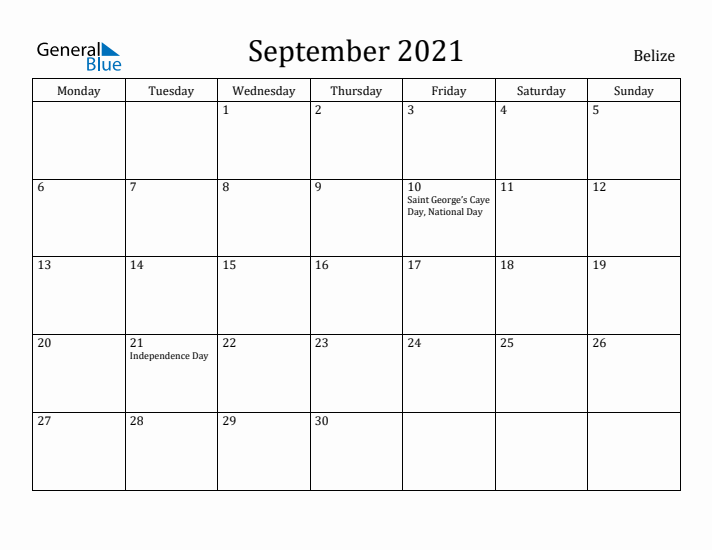 September 2021 Calendar Belize