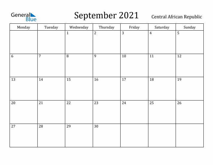 September 2021 Calendar Central African Republic