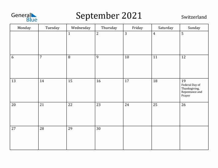 September 2021 Calendar Switzerland