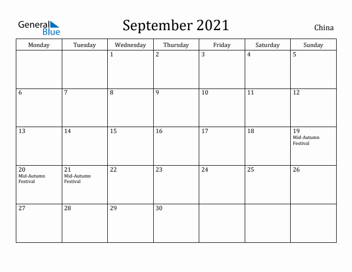 September 2021 Calendar China