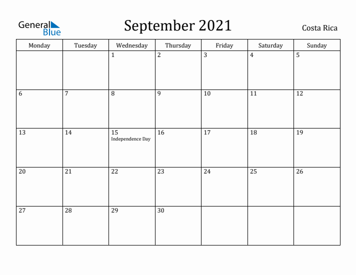 September 2021 Calendar Costa Rica