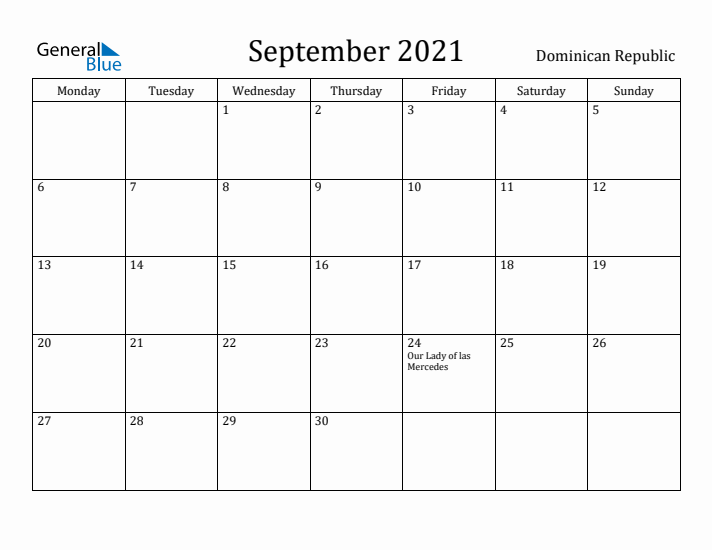 September 2021 Calendar Dominican Republic