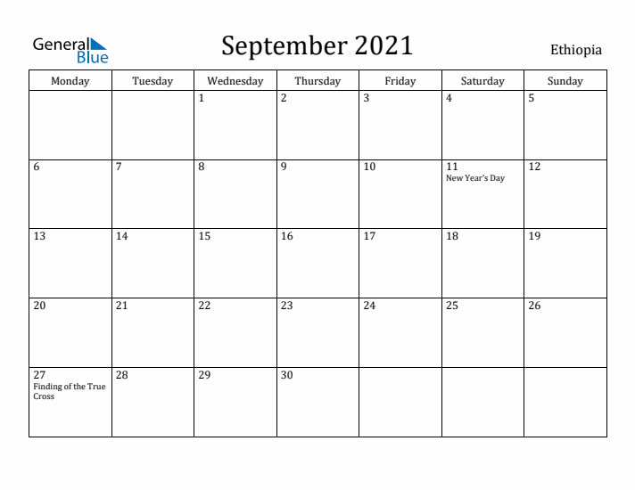 September 2021 Calendar Ethiopia
