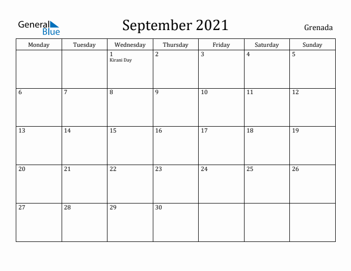 September 2021 Calendar Grenada