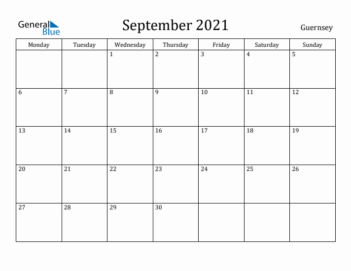 September 2021 Calendar Guernsey