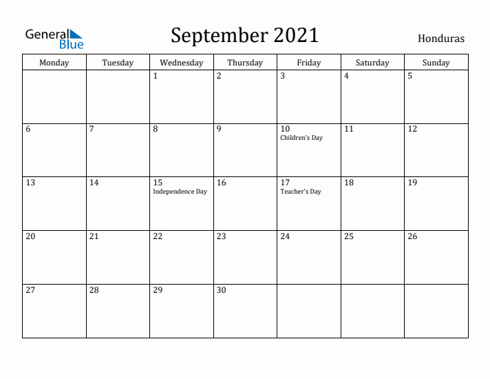 September 2021 Calendar Honduras