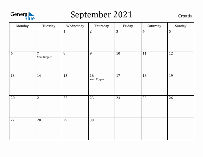 September 2021 Calendar Croatia