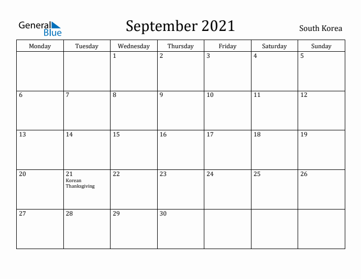 September 2021 Calendar South Korea
