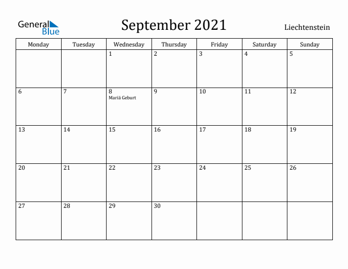 September 2021 Calendar Liechtenstein