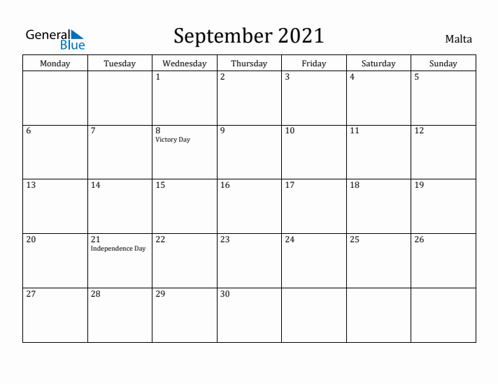 September 2021 Calendar Malta