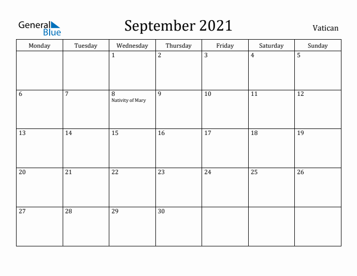 September 2021 Calendar Vatican