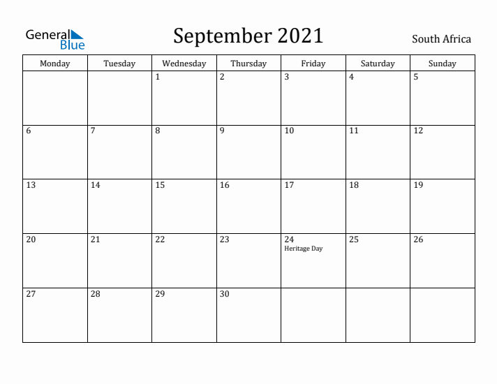 September 2021 Calendar South Africa