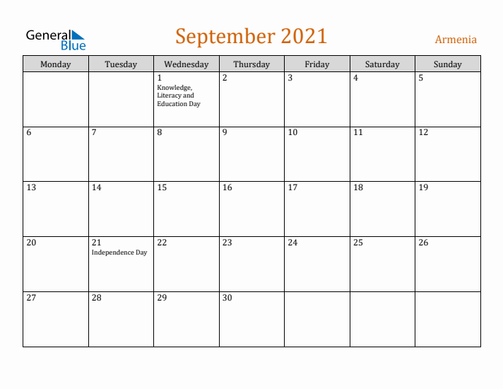 September 2021 Holiday Calendar with Monday Start
