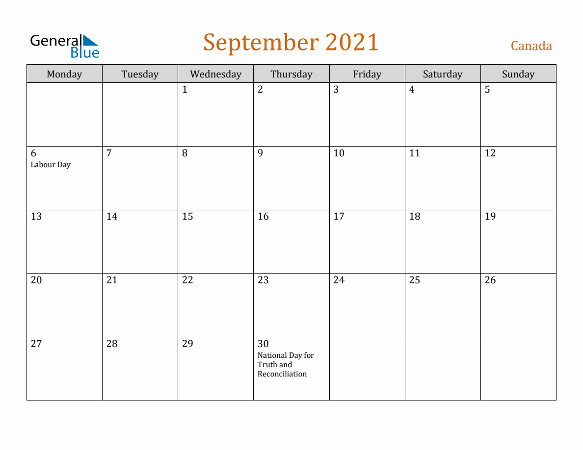 Free September 2021 Canada Calendar