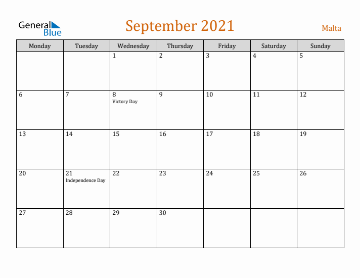 September 2021 Holiday Calendar with Monday Start