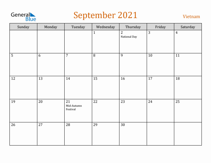 September 2021 Holiday Calendar with Sunday Start