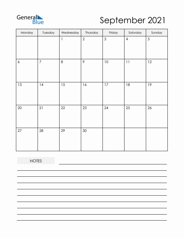 Printable Calendar with Notes - September 2021 