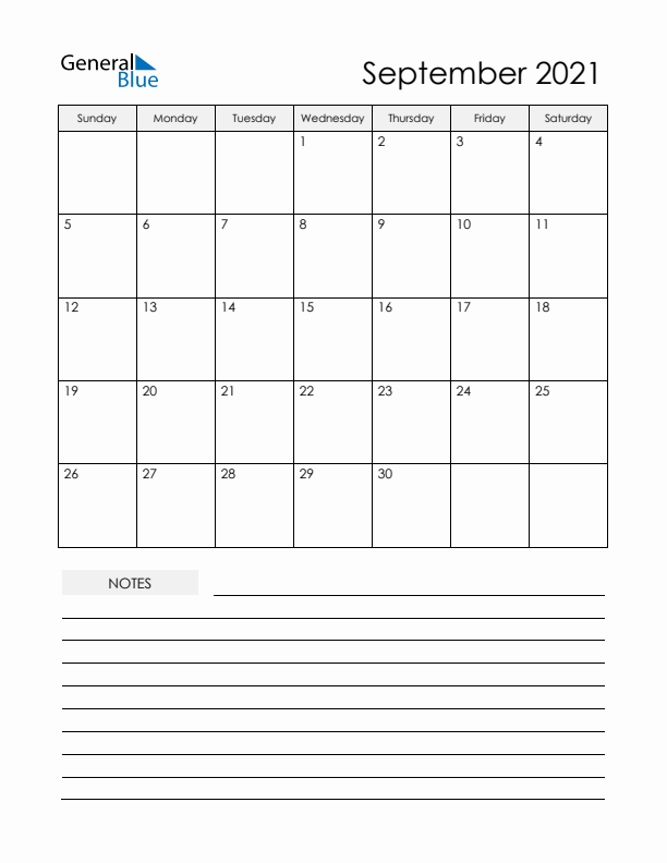 Printable Calendar with Notes - September 2021 