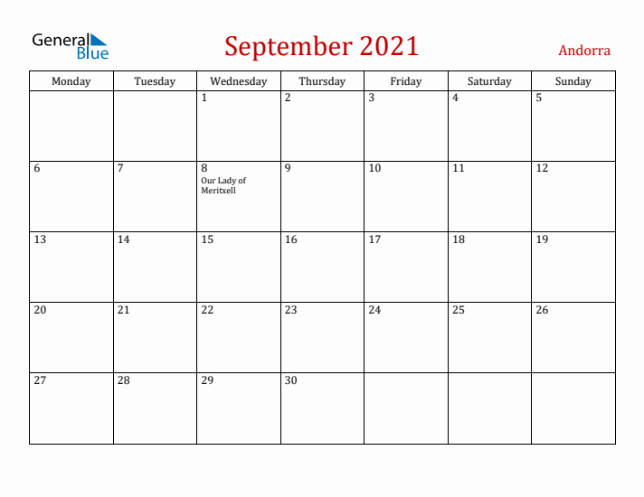 Andorra September 2021 Calendar - Monday Start