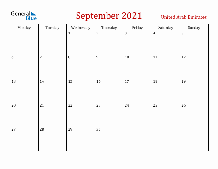 United Arab Emirates September 2021 Calendar - Monday Start