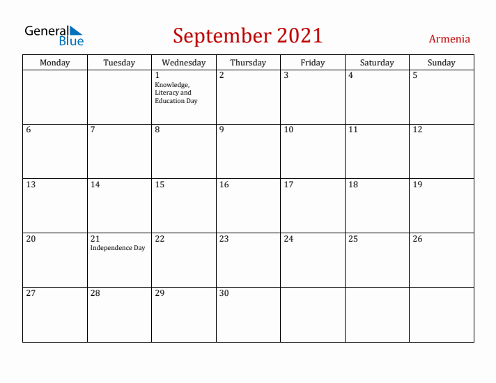 Armenia September 2021 Calendar - Monday Start