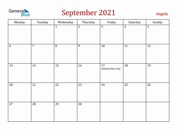 Angola September 2021 Calendar - Monday Start