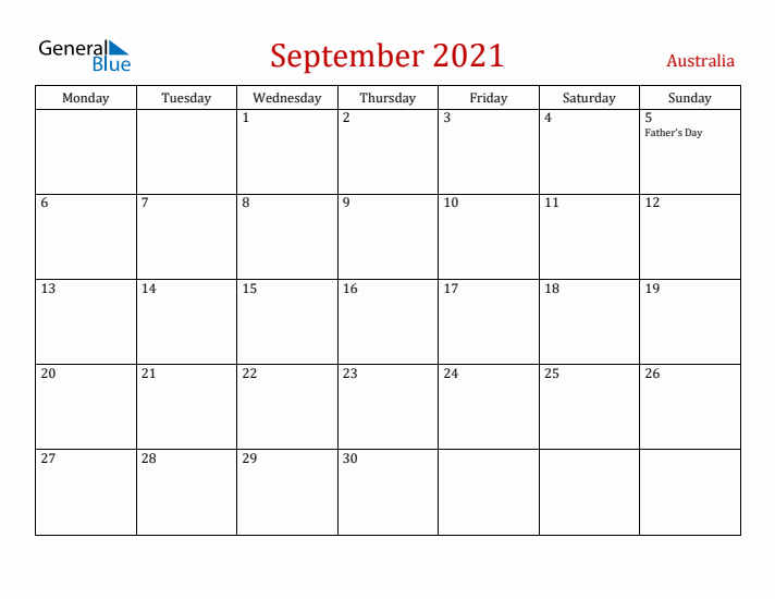 Australia September 2021 Calendar - Monday Start