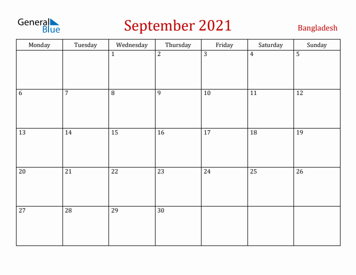 Bangladesh September 2021 Calendar - Monday Start