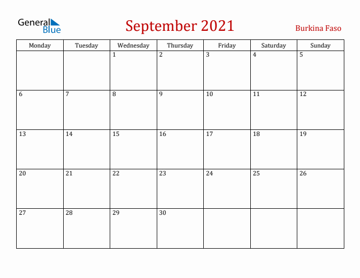 Burkina Faso September 2021 Calendar - Monday Start
