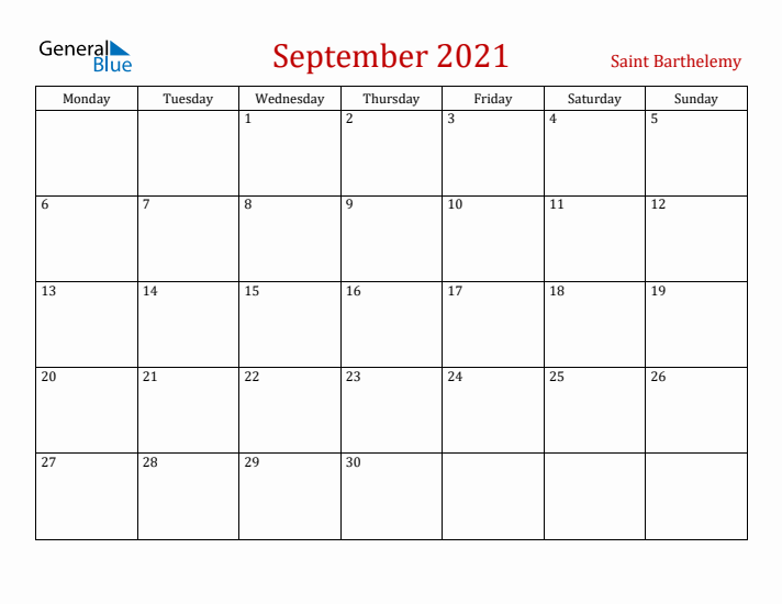 Saint Barthelemy September 2021 Calendar - Monday Start