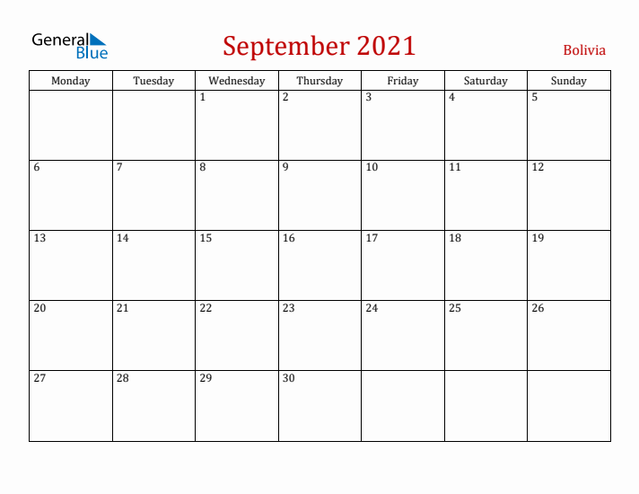Bolivia September 2021 Calendar - Monday Start