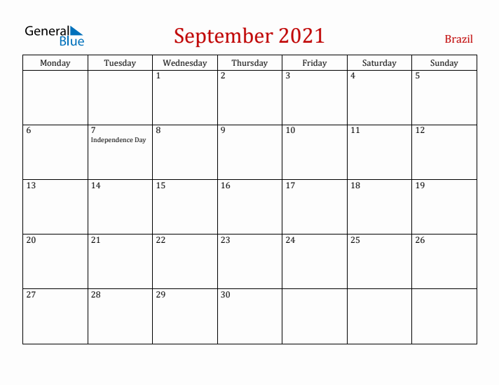 Brazil September 2021 Calendar - Monday Start