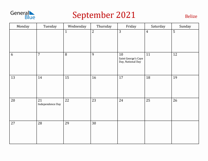 Belize September 2021 Calendar - Monday Start