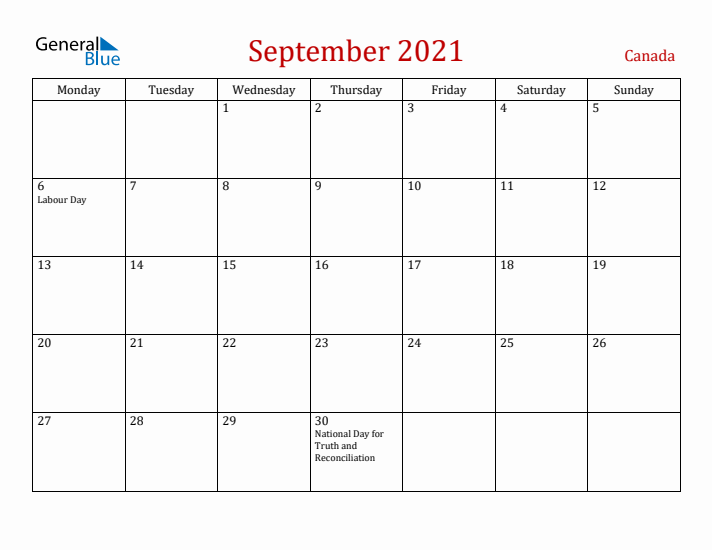 Canada September 2021 Calendar - Monday Start