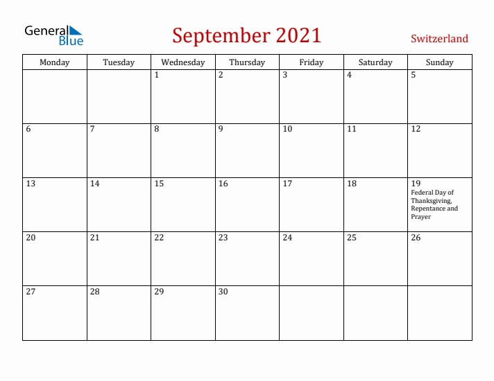 Switzerland September 2021 Calendar - Monday Start