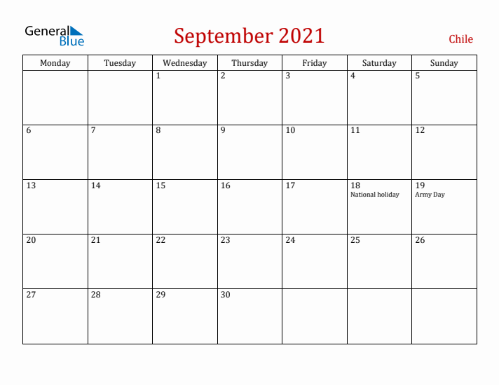 Chile September 2021 Calendar - Monday Start