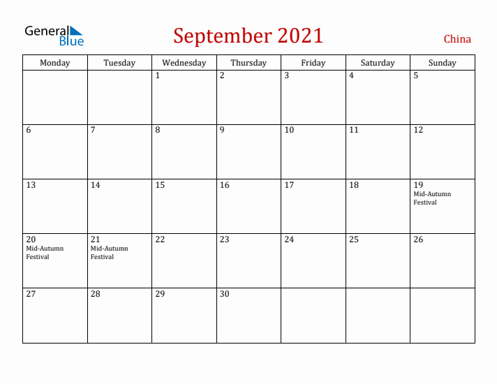 China September 2021 Calendar - Monday Start