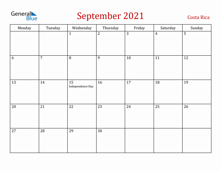 Costa Rica September 2021 Calendar - Monday Start