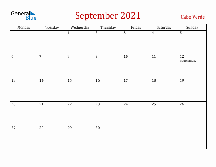 Cabo Verde September 2021 Calendar - Monday Start