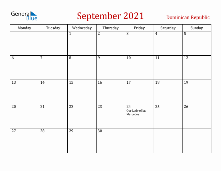 Dominican Republic September 2021 Calendar - Monday Start