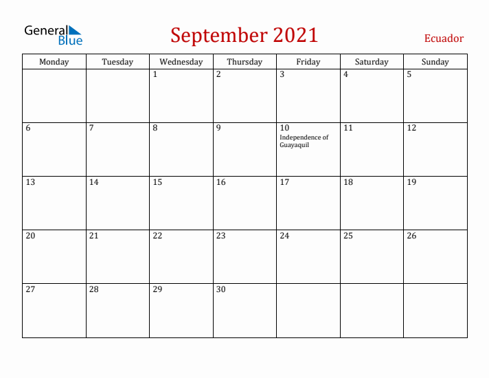 Ecuador September 2021 Calendar - Monday Start