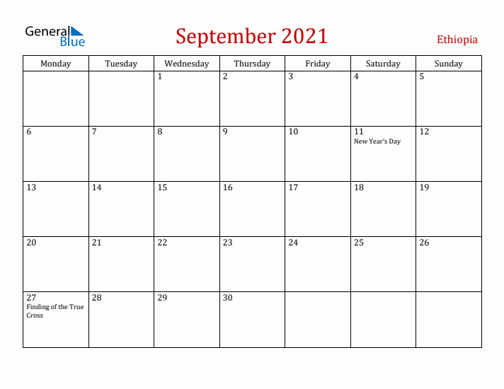 Ethiopia September 2021 Calendar - Monday Start