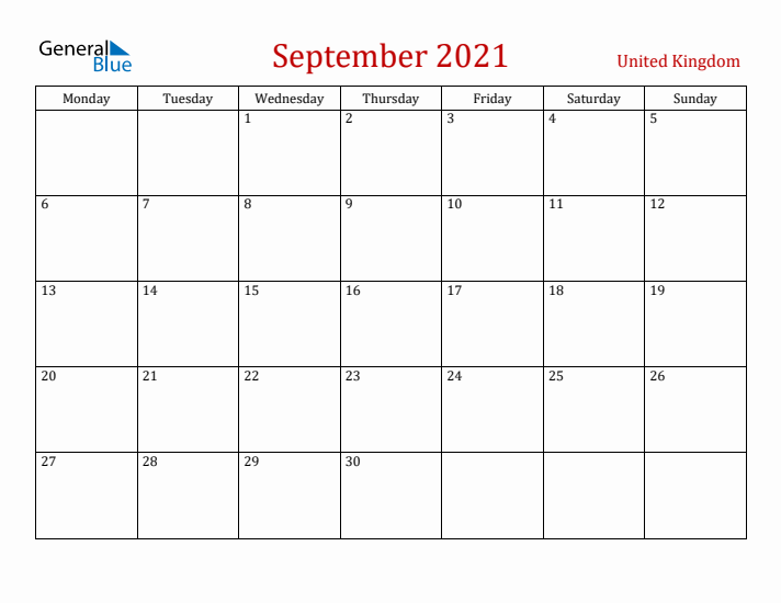 United Kingdom September 2021 Calendar - Monday Start