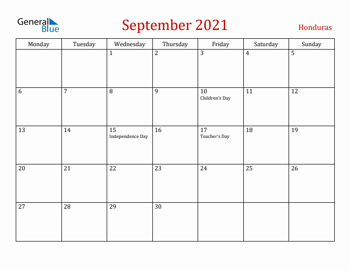 Honduras September 2021 Calendar - Monday Start